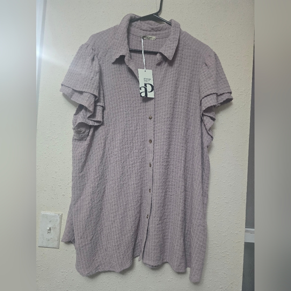 Button-Front Lavender Ruffle Sleeve Women's Top